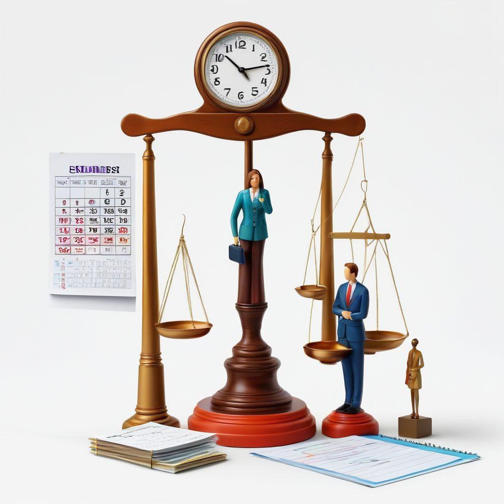 A balanced scale symbolizing fairness, with one side showing a business environment and the other a family scene. Around the scale, paperwork, a clock, and a calendar emphasize compliance and time management aspects. Include diverse people in business attire and casual clothes interacting with forms and discussing. super-realistic. vibrant colors. white background.